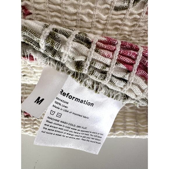 Reformation Floral Linen Mini Dress Sz M Bohemian Long Sleeves Hilary Smocked - Picture 4 of 9